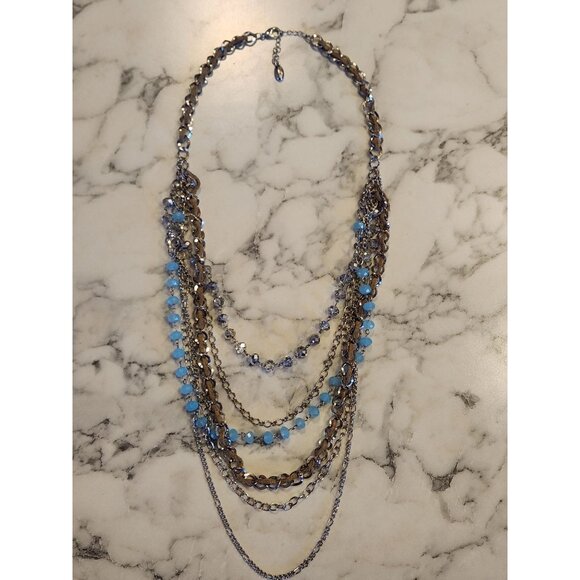 Multi-Layered Chain Necklace With Blue & Crystal Beads - Picture 1 of 4